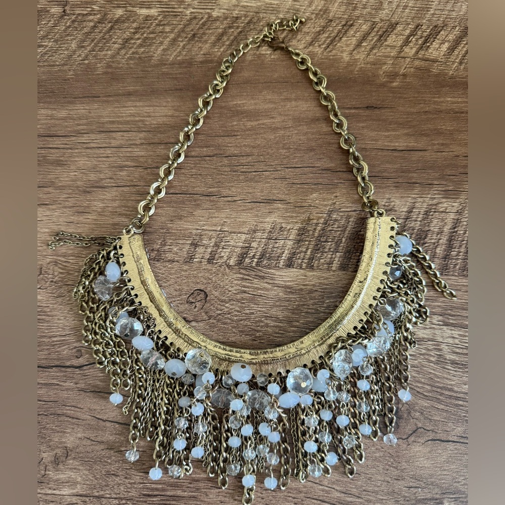 Gold Tone Fringe Necklace with White Bead Accents